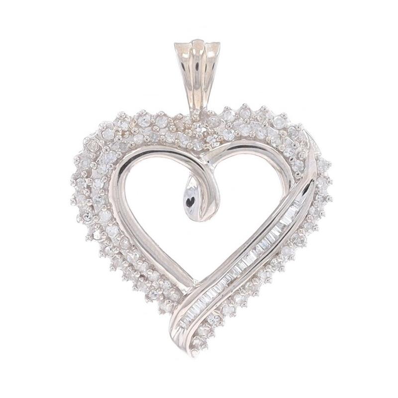 Metal Content: 10k White Gold

Stone Information

Natural Diamonds
Carat(s): .50ctw
Cut: Single & Baguette
Color: G - H
Clarity: VS2 - I1

Total Carats: .50ctw

Theme: Ribbon Heart, Love

Measurements

Tall (from stationary bail): 1 3/16
