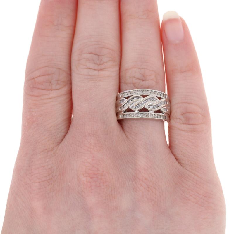 Baguette Cut White Gold Diamond Ring, 10k Baguette & Single Cut .40ctw Woven Twist Design