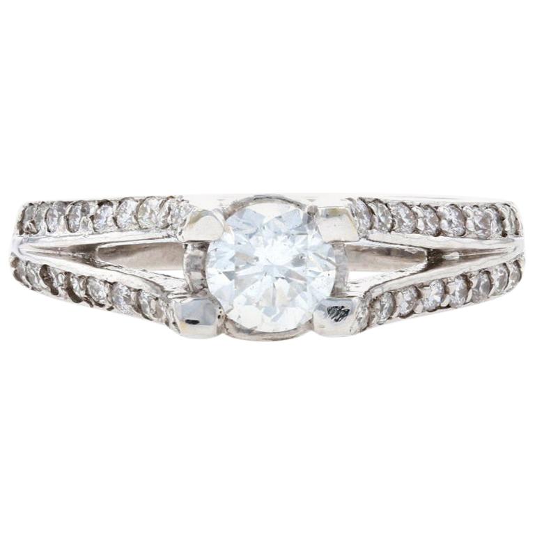 White Gold Diamond Ring, 14 Karat Round Brilliant Cut .91 Carat Cathedral For Sale