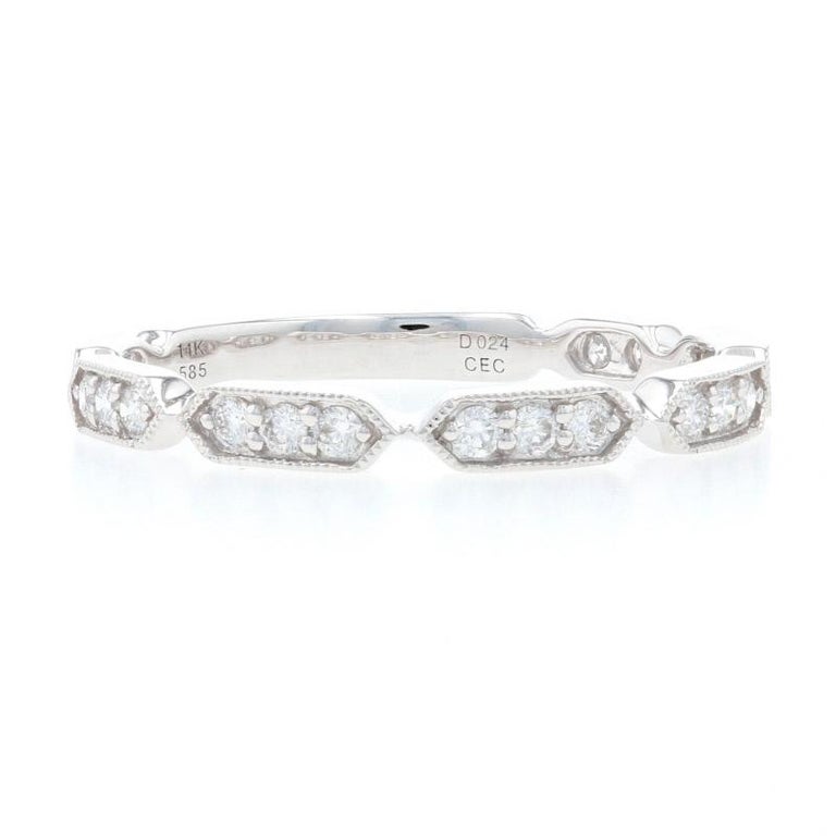 Size: 6 1/2
Sizing Fee: Up or Down 2 sizes for $25 

Metal Content: 14k White Gold

Stone Information: 
Natural Diamonds  
Clarity: SI1
Color: G 
Cut: Round Brilliant
Total Carats: 0.24ctw 

Style: Stackable Band
Face Height (north to south): 1/8