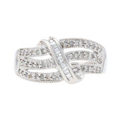 White Gold Diamond Ring, 14k Single & Baguette .25ctw Curved Milgrain