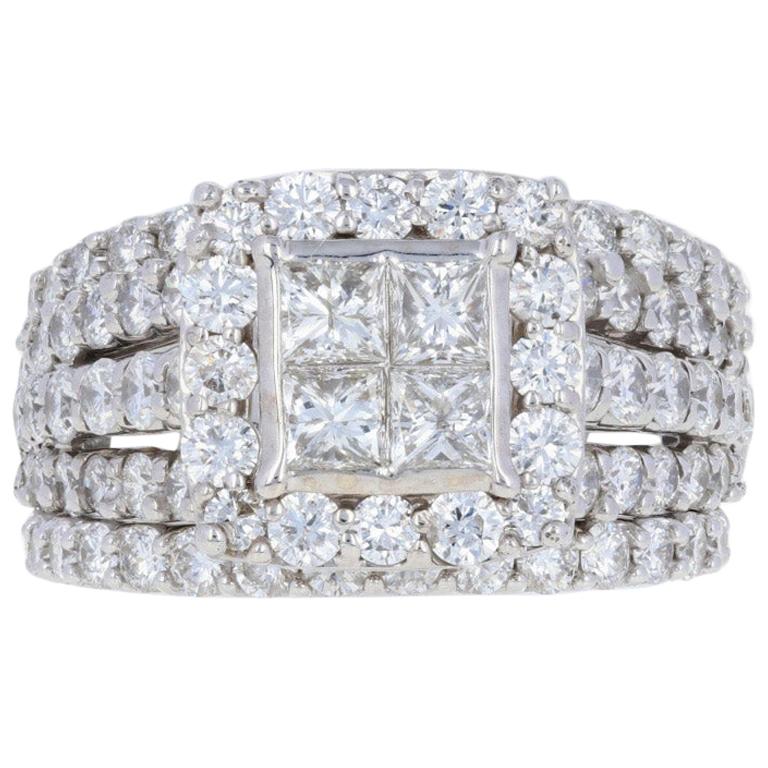 White Gold Diamond Ring and Wedding Bands, 14 Karat Princess 3.30 Carat Halo