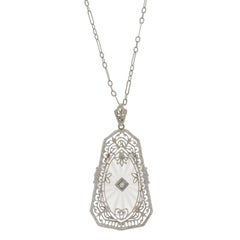 White Gold Diamond Rock Crystal Art Deco Necklace 16 3/4" - 10k Floral Vintage