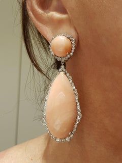 White Gold Diamond Rose Cut Coral Cocktail Earrings