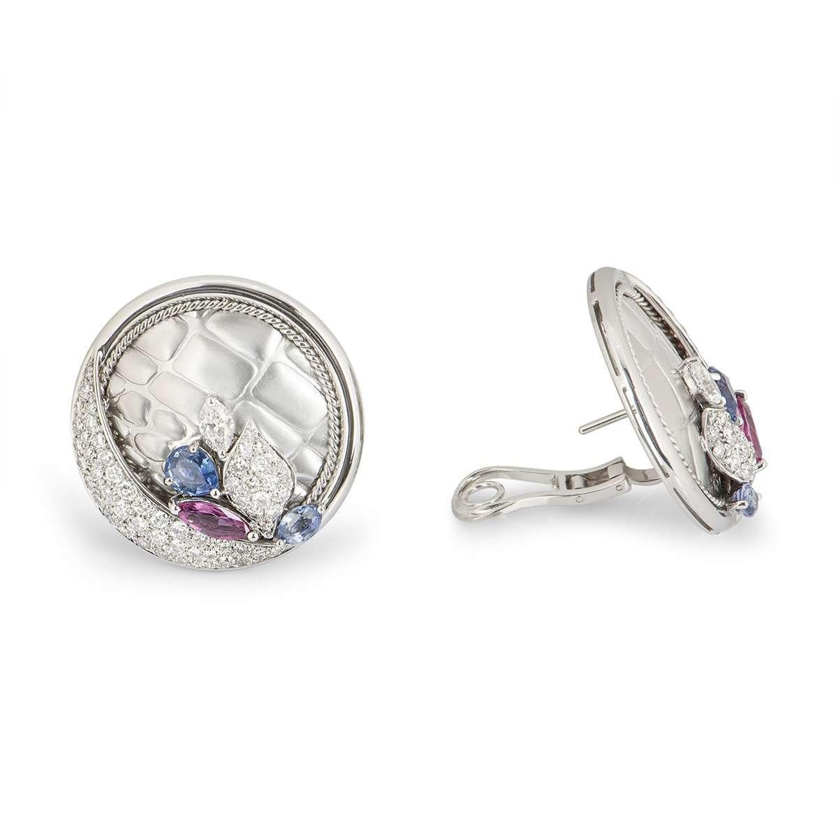 Round Cut White Gold Diamond, Ruby and Sapphire Earrings 3.04 Carat
