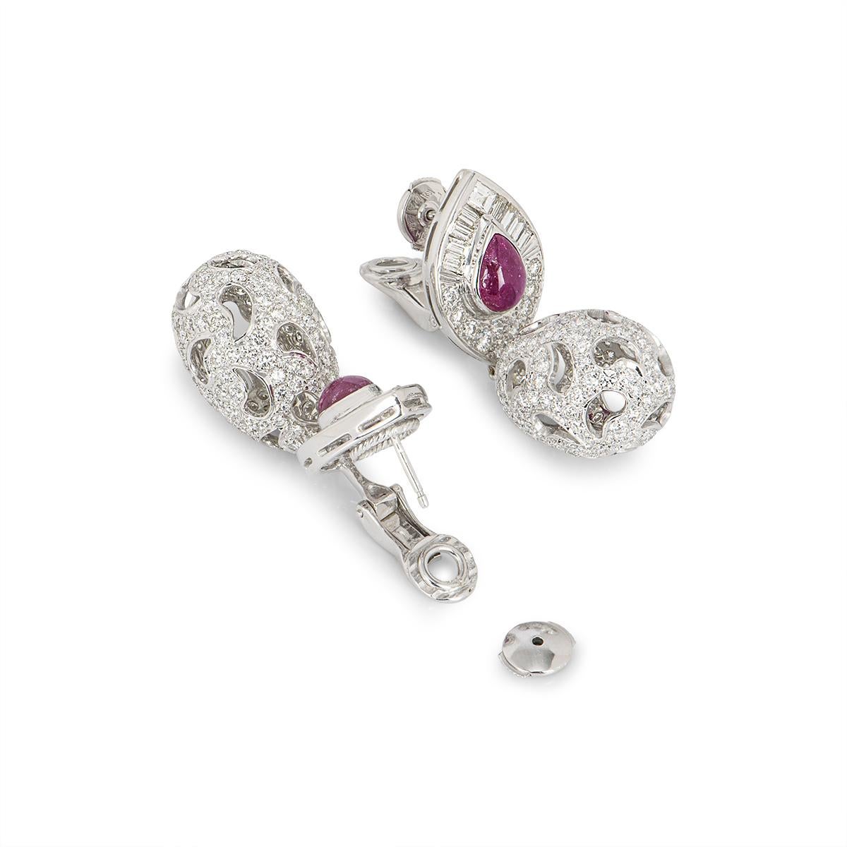 White Gold Diamond & Ruby Drop Earrings In Excellent Condition In London, GB