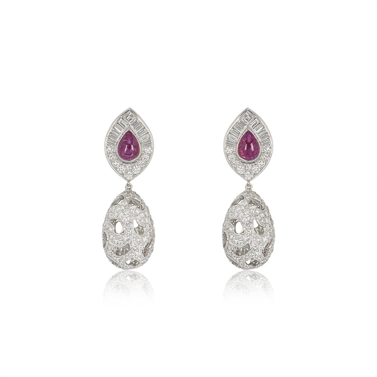 White Gold Diamond & Ruby Drop Earrings 2