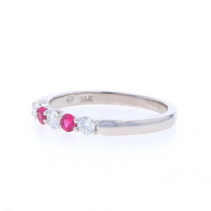 White Gold Diamond & Ruby Five-Stone Band - 18k Round .60ctw Wedding Ring In Excellent Condition For Sale In Greensboro, NC