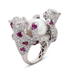 White Gold Diamond Ruby South Sea Pearl Large Ring with Two Panthers
