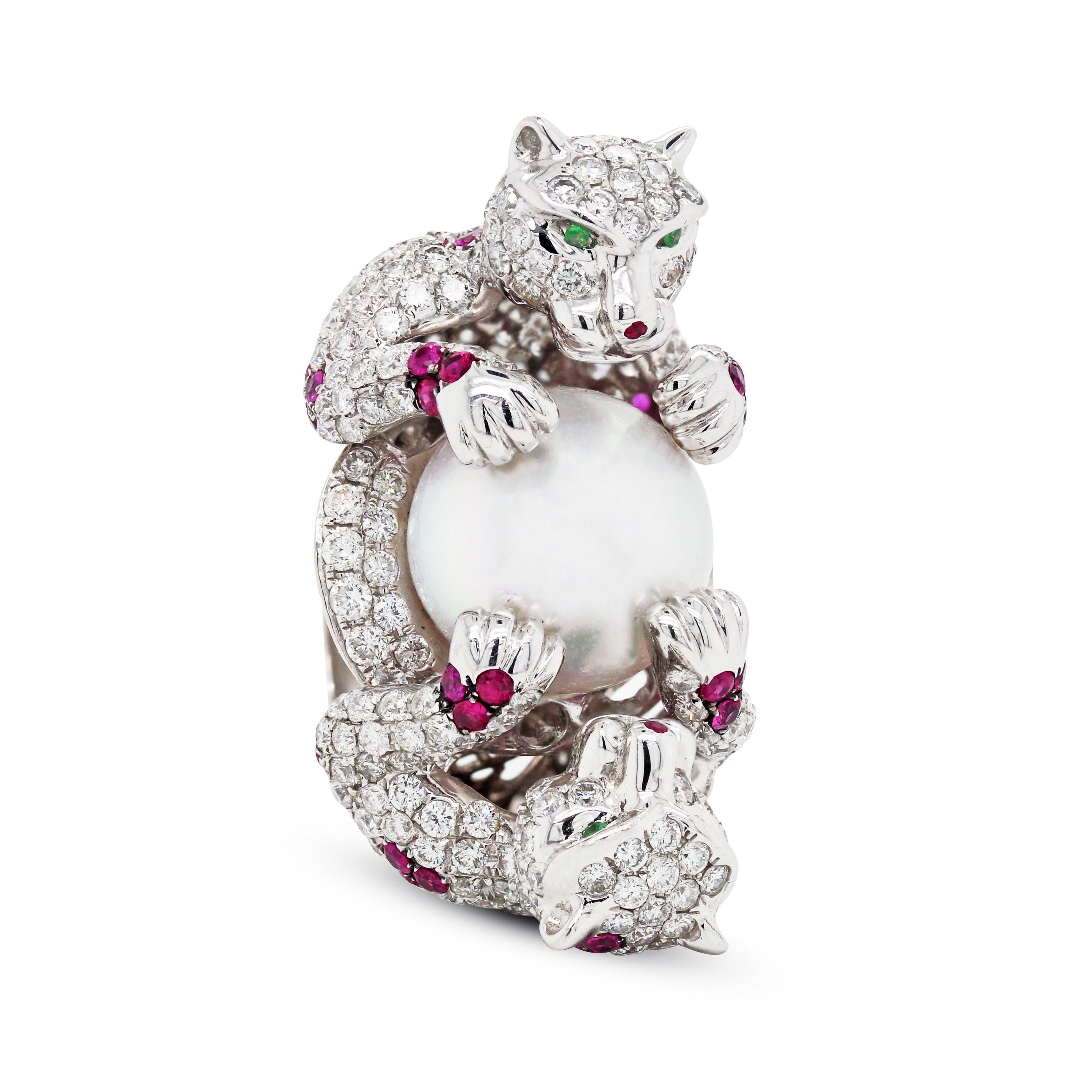 Contemporary White Gold Diamond Ruby South Sea Pearl Large Ring with Two Panthers For Sale