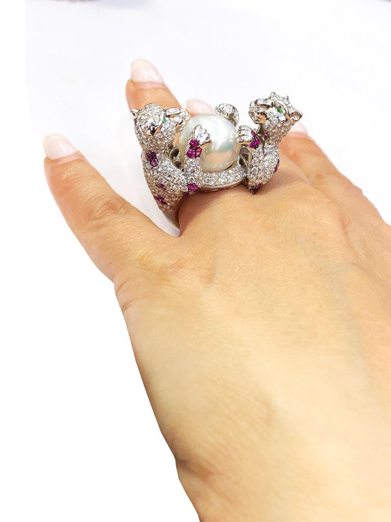 White Gold Diamond Ruby South Sea Pearl Large Ring with Two Panthers