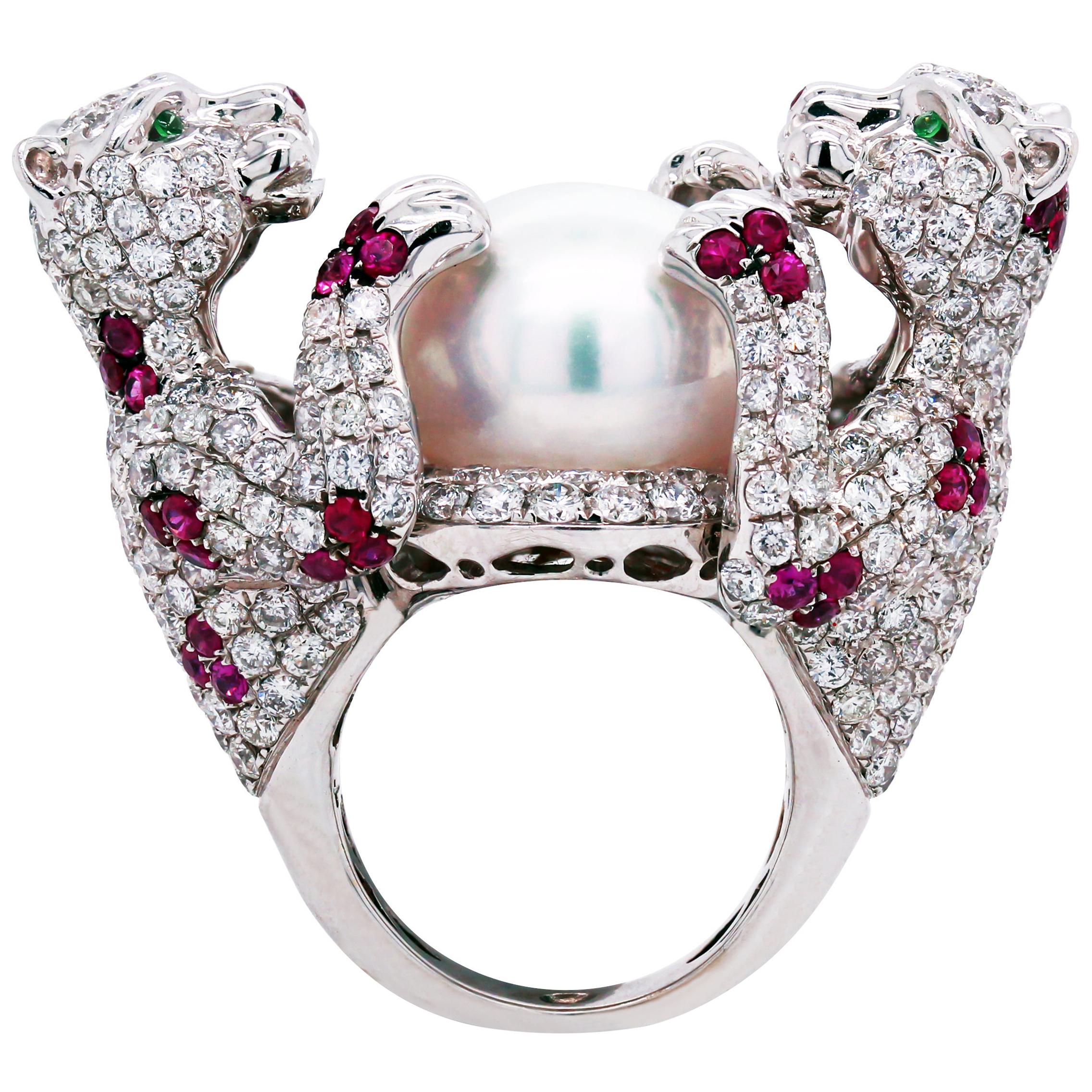 White Gold Diamond Ruby South Sea Pearl Large Ring with Two Panthers