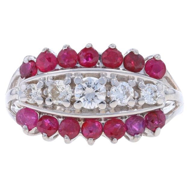White Gold Diamond Ruby Vintage Cluster Cocktail Ring - 14k Round 1.21ctw For Sale