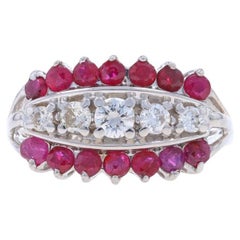 White Gold Diamond Ruby Vintage Cluster Cocktail Ring - 14k Round 1.21ctw