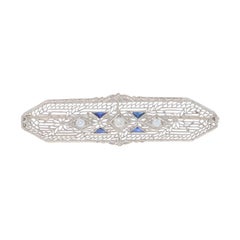 White Gold Diamond Sapphire Art Deco Bar Brooch-14k European .38ctw Filigree Pin