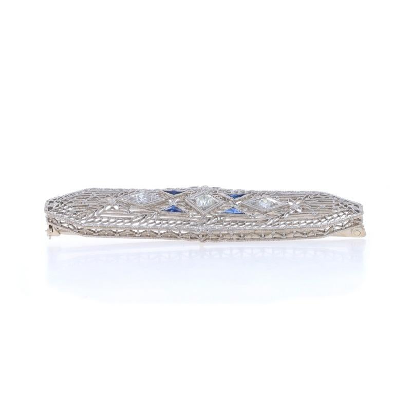 Old European Cut White Gold Diamond Sapphire Art Deco Bar Brooch-14k European .38ctw Filigree Pin For Sale