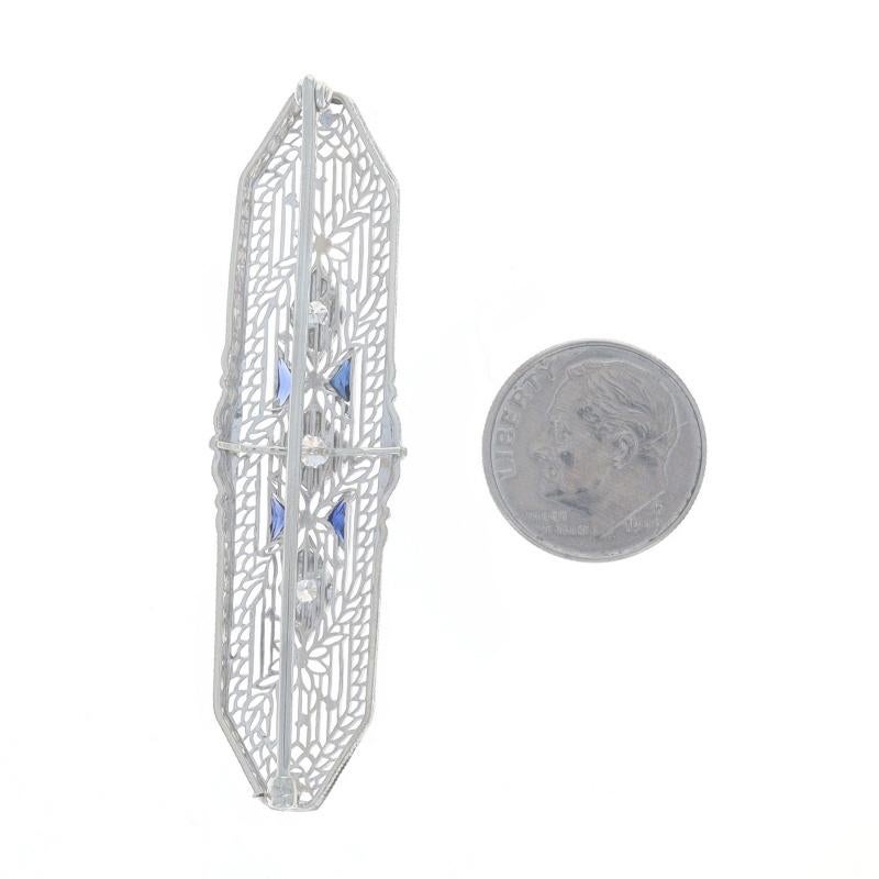 White Gold Diamond Sapphire Art Deco Bar Brooch-14k European .38ctw Filigree Pin In Excellent Condition For Sale In Greensboro, NC