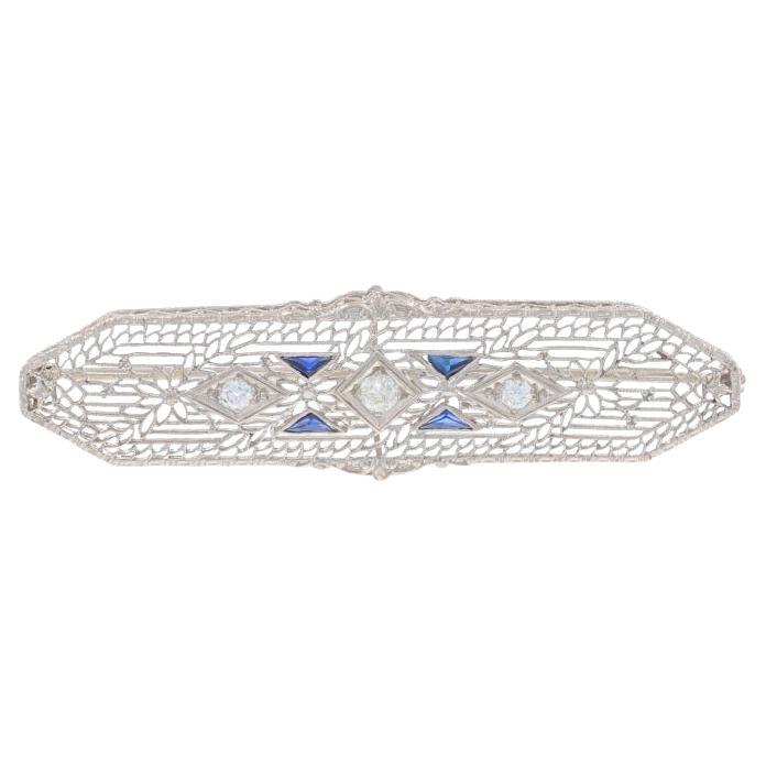 White Gold Diamond Sapphire Art Deco Bar Brooch-14k European .38ctw Filigree Pin
