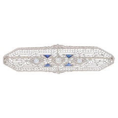 White Gold Diamond Sapphire Art Deco Bar Brooch-14k European .38ctw Filigree Pin