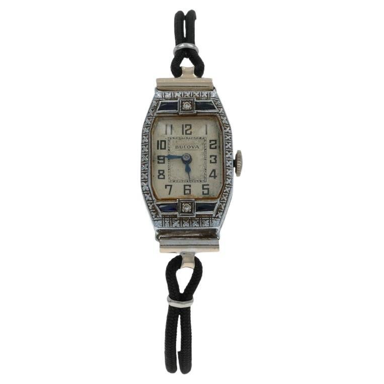 Weißgold Diamant Saphir Art Deco Damenuhr - 14k Vintage By im Angebot