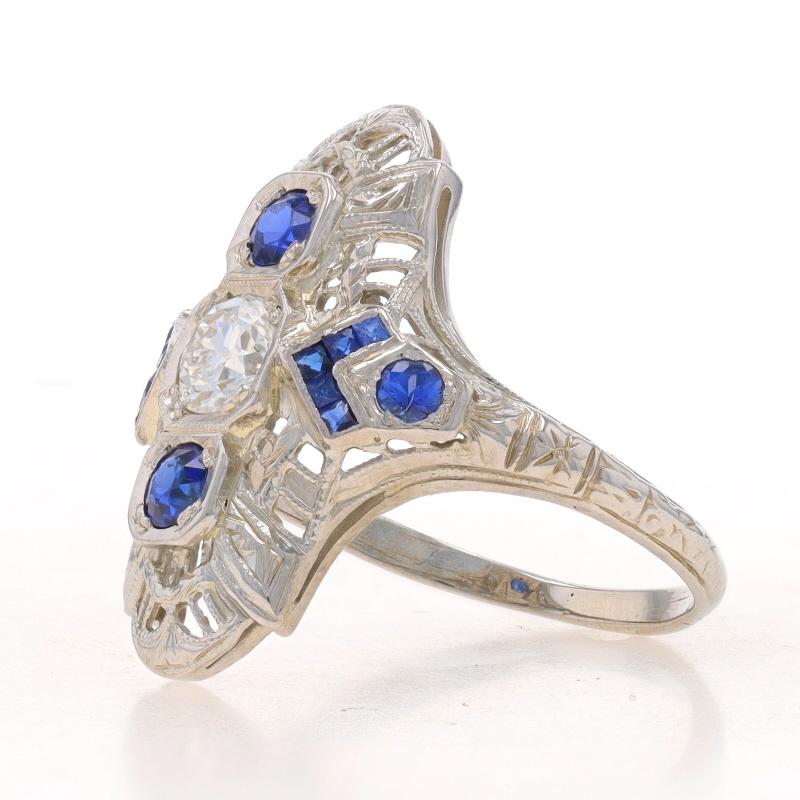 Round Cut White Gold Diamond & Sapphire Art Deco Ring 18k European .86ctw Vintage Filigree For Sale