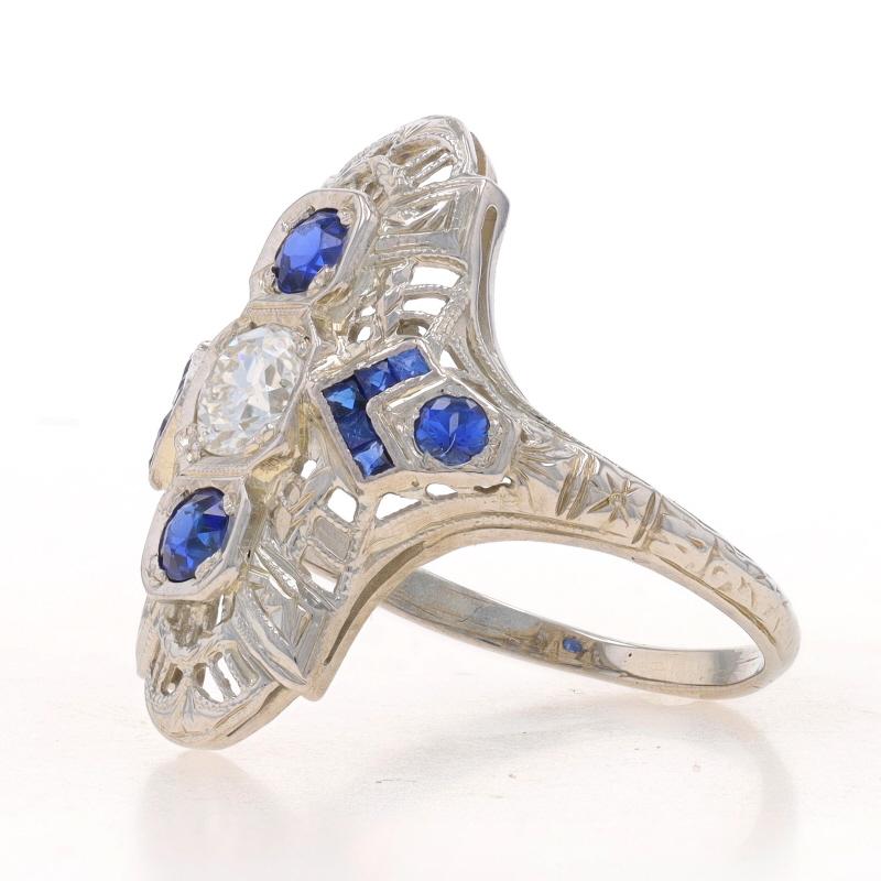 Art Deco-Ring aus Weißgold mit Diamanten und Saphiren, 18 Karat, europäischer .86 Karat, filigran, Vintage (Art déco)