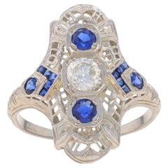 White Gold Diamond & Sapphire Art Deco Ring 18k European .86ctw Antique Filigree