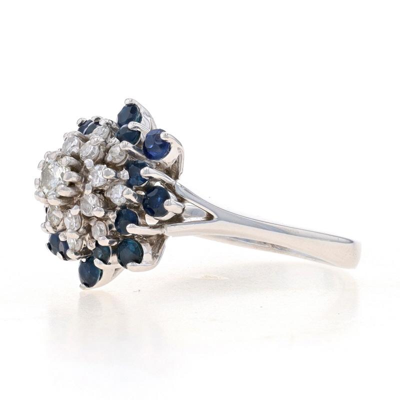 Round Cut White Gold Diamond & Sapphire Cluster Halo Cocktail Ring - 14k Floral Snowflake For Sale