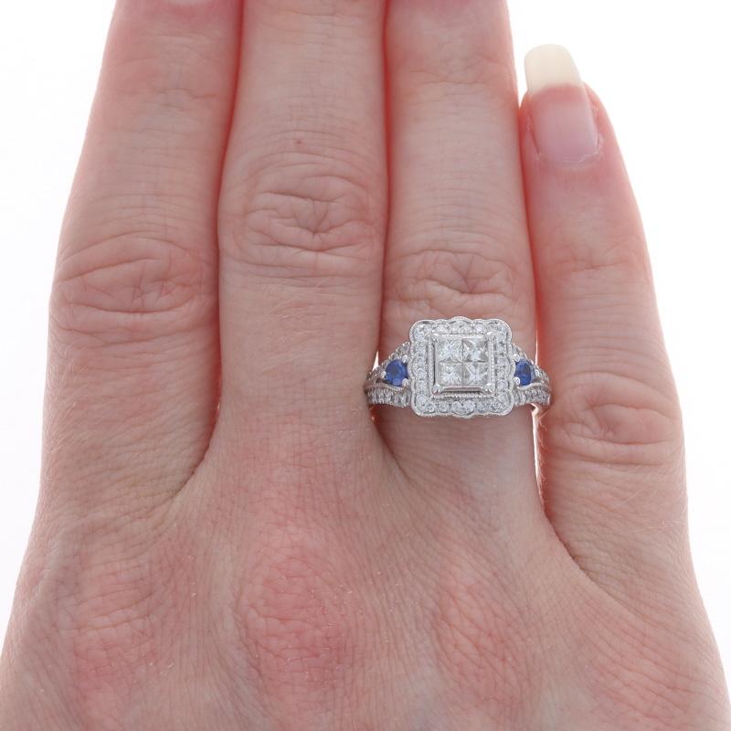 Princess Cut White Gold Diamond Sapphire Cluster Halo Engagement Ring 14k Princess Rd 1.30ctw For Sale