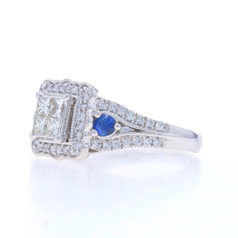 White Gold Diamond Sapphire Cluster Halo Engagement Ring 14k Princess Rd 1.30ctw In Excellent Condition For Sale In Greensboro, NC