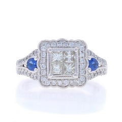 White Gold Diamond Sapphire Cluster Halo Engagement Ring 14k Princess Rd 1.30ctw