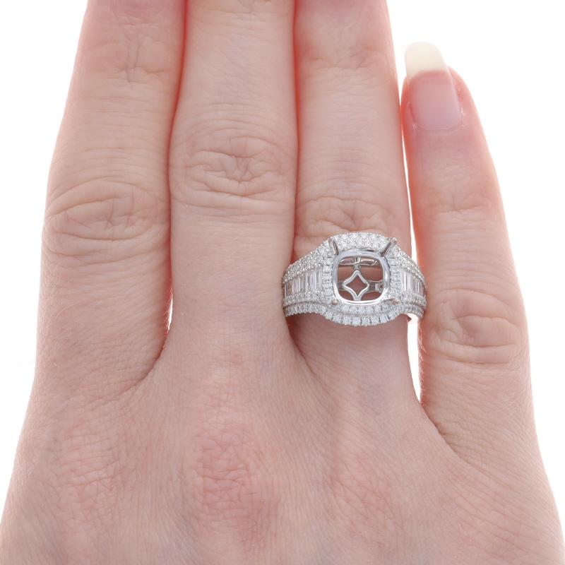 Cushion Cut White Gold Diamond Semi-Mount Halo Ring 18k Rd & Baguette 1.94ctw ~8mm Cushion For Sale