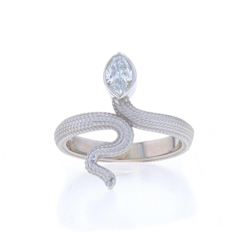 Size: 6 1/4
Sizing Fee: Up 2 sizes for $40 or Down 2 sizes for $40

Metal Content: 14k White Gold

Stone Information

Natural Diamond
Carat(s): .48ct
Cut: Marquise
Color: F
Clarity: SI1

Total Carats: .48ct

Style: Solitaire Bypass
Theme: Serpent,