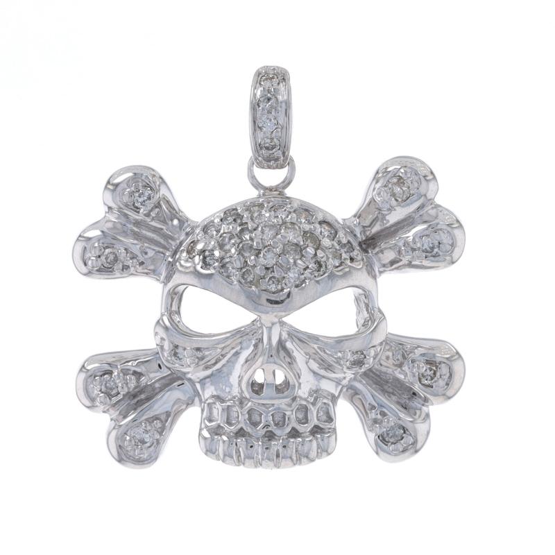 Metal Content: 14k White Gold

Stone Information
Natural Diamonds
Total Carats: .25ctw
Cut: Round Brilliant
Color: G - H
Clarity: I1

Theme: Skull & Crossbones 
Features: Open Cut Detailing

Measurements
Tall (from extended bail): 7/8