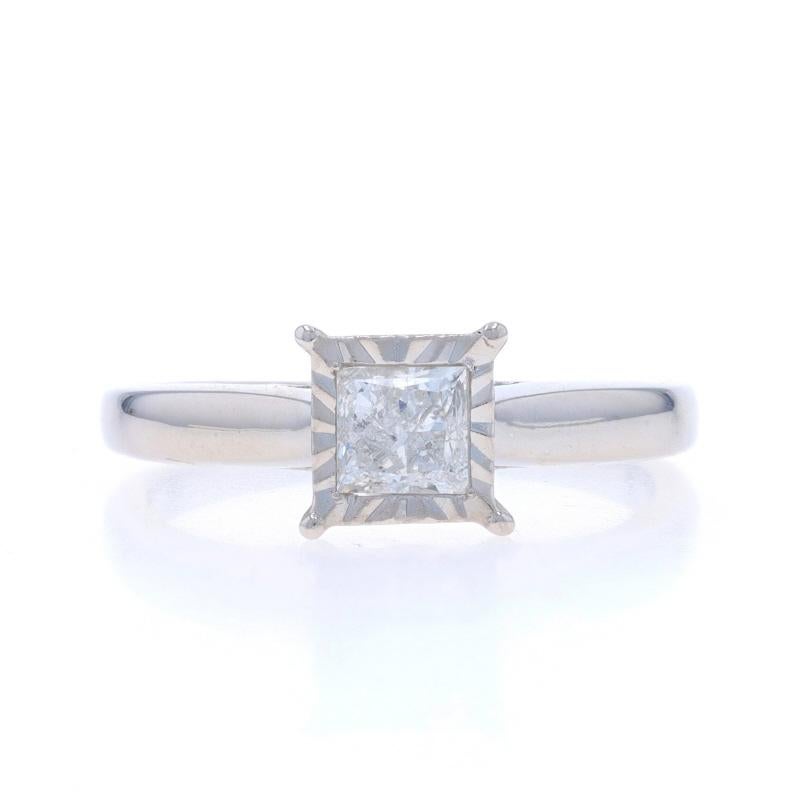 Size: 9
Sizing Fee: Up 1 size for $40 or Down 1 size for $40

Metal Content: 10k White Gold

Stone Information

Natural Diamond
Carat(s): .70ct (carat stamp)
Cut: Princess
Color: H
Clarity: I2

Total Carats: .70ct

Style: