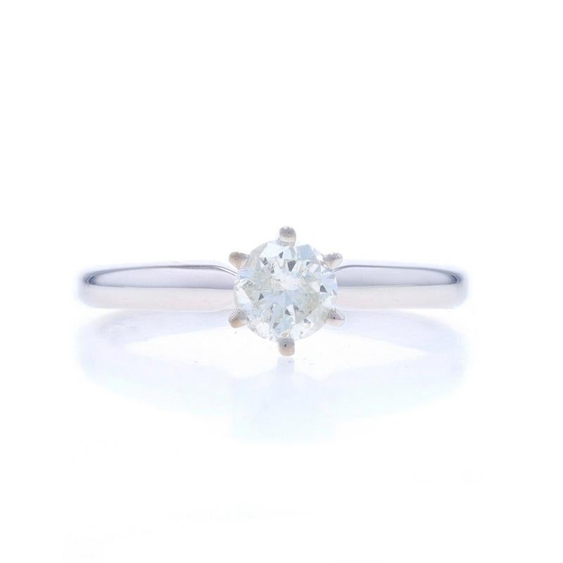 Size: 6 3/4
Sizing Fee: Up 3 sizes for $40 or Down 2 sizes for $40

Metal Content: 14k White Gold

Stone Information

Natural Diamond
Carat(s): .47ct (carat stamp)
Cut: Round Brilliant
Color: J
Clarity: I2

Total Carats: .47ct

Style: