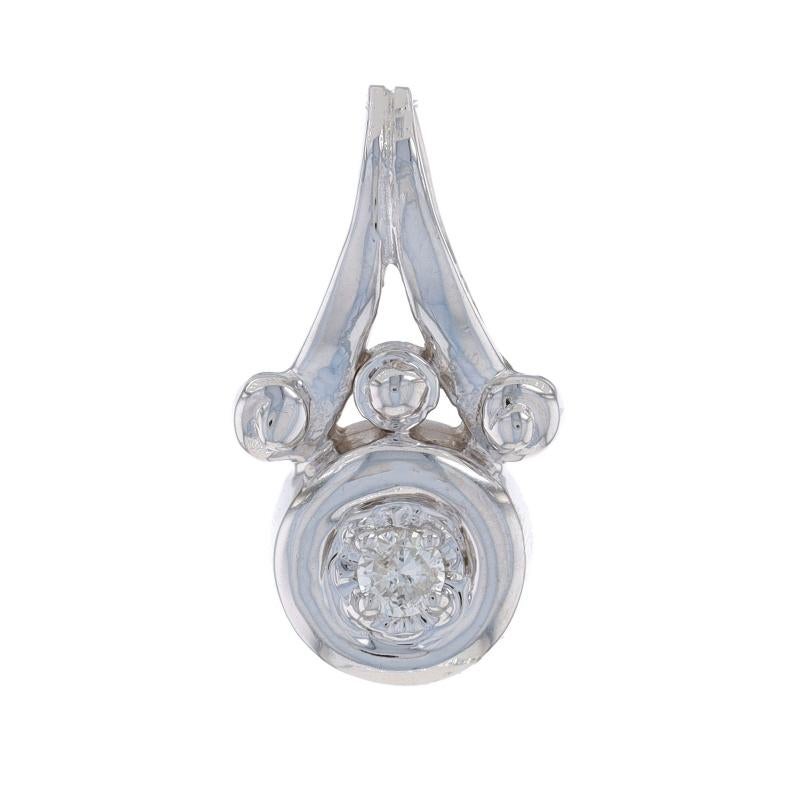 Metal Content: 14k White Gold

Stone Information
Natural Diamond
Carat(s): .15ct
Cut: Round Brilliant
Color: J
Clarity: I1

Total Carats: .15ct

Style: Solitaire

Measurements
Tall (from stationary bail): 29/32
