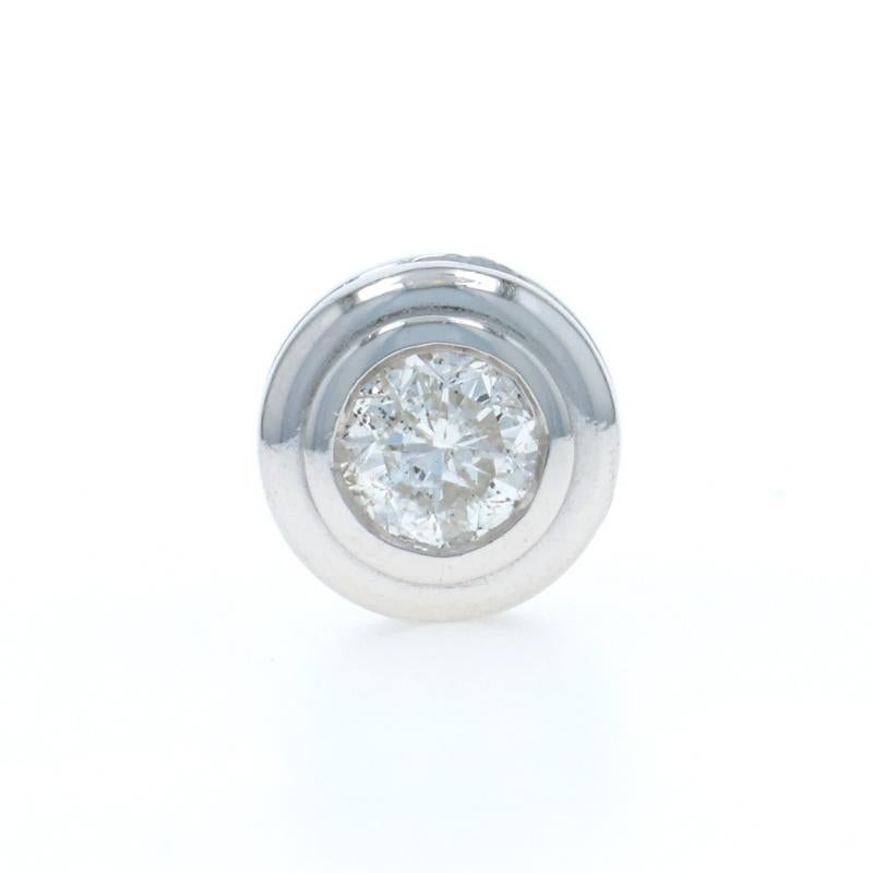 Metal Content: 14k White Gold

Stone Information

Natural Diamond
Carat(s): .50ct
Cut: Round Brilliant
Color: I
Clarity: I2

Total Carats: .50ct

Style: Solitaire
Features: Bezel Set Solitaire

Measurements

Tall: 11/32