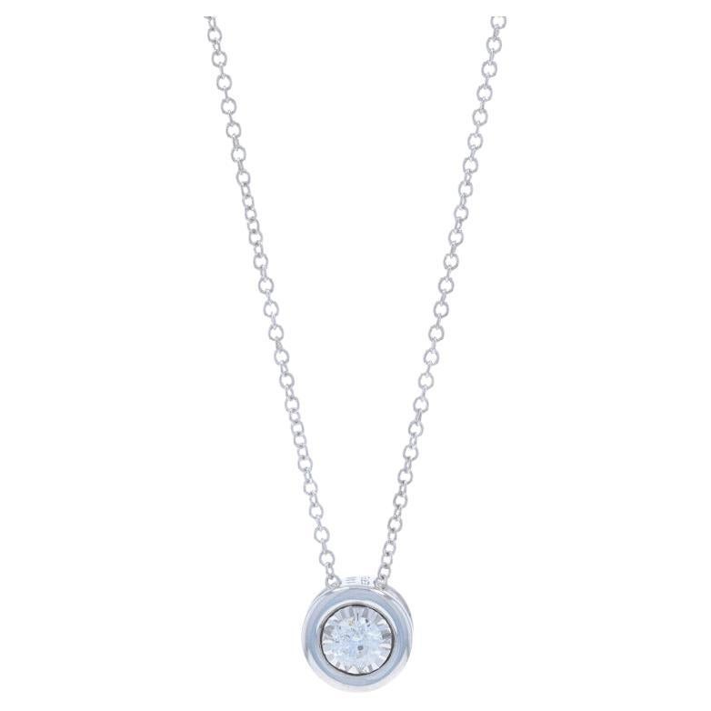 White Gold Diamond Solitaire Pendant Necklace - 14k .20ctw Bezel Set Adjustable For Sale