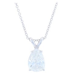 White Gold Diamond Solitaire Pendant Necklace, 14k Pear 1.16ct Adjustable Length