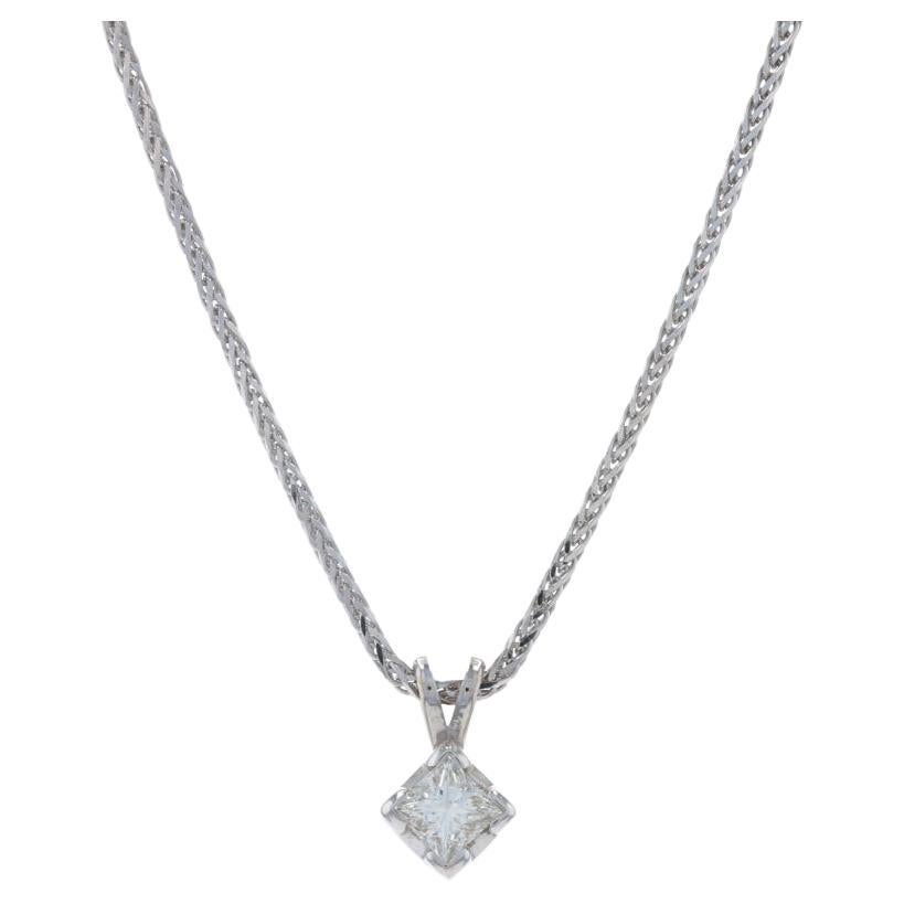 White Gold Diamond Solitaire Pendant Necklace 15 3/4" - 14k Princess Cut .40ct