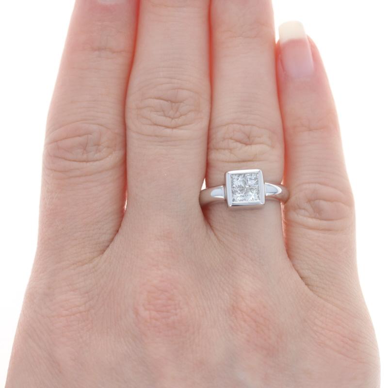 Size: 6
Sizing Fee: Up 1 size for $40

Metal Content: 14k White Gold

Stone Information

Natural Diamonds
Carat(s): .64ctw
Cut: Princess
Color: I - J
Clarity: VS1 - VS2

Total Carats: .64ctw

Style: Square Cluster

Measurements

Face Height (north