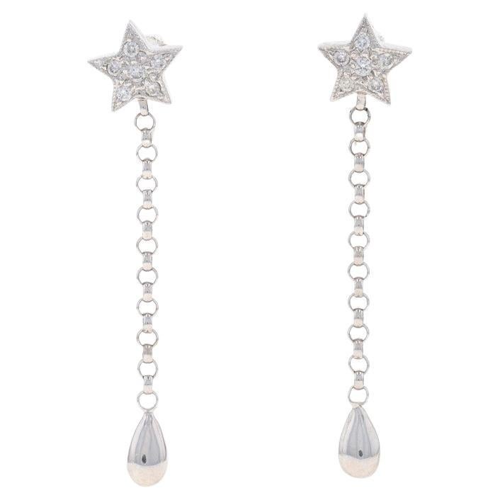 White Gold Diamond Star Dangle Earrings - 18k Round .10ctw Celestial Pierced For Sale