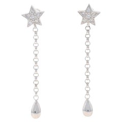 White Gold Diamond Star Dangle Earrings - 18k Round .10ctw Celestial Pierced