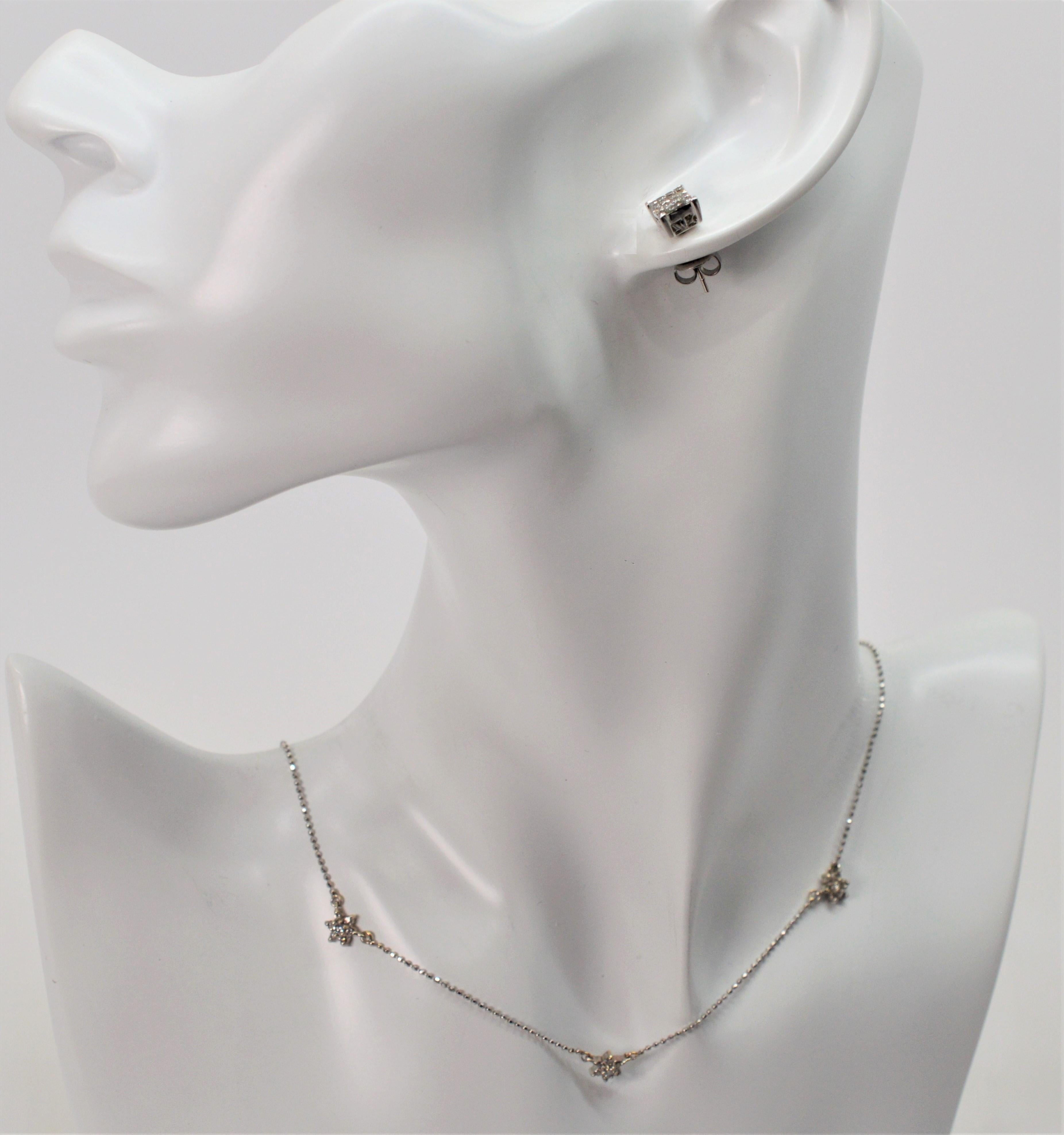 Round Cut White Gold Diamond Star Necklace and Stud Earring Duo