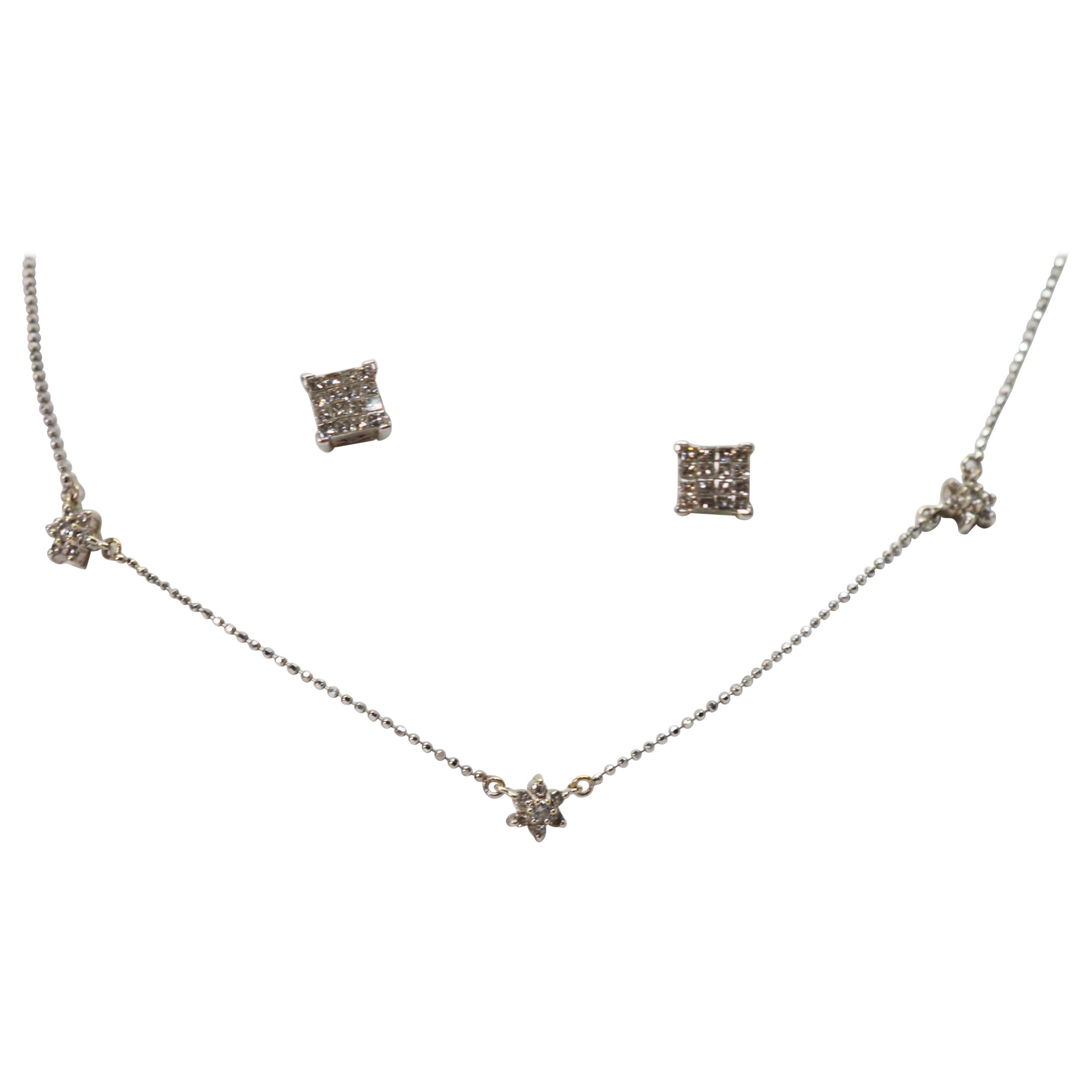 White Gold Diamond Star Necklace and Stud Earring Duo