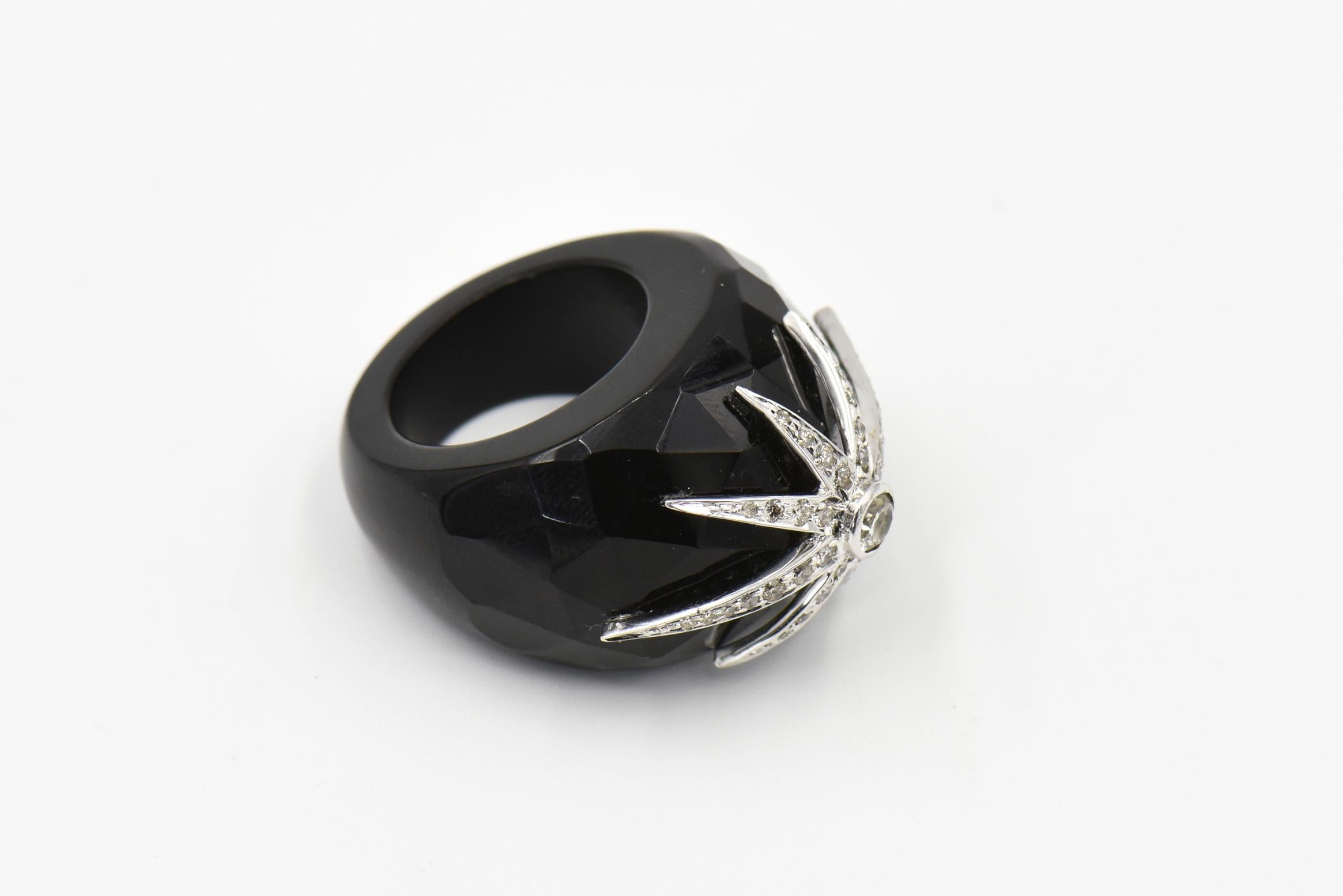 Round Cut White Gold Diamond Star on Black Faceted Onyx Band Dome Cocktail Ring For Sale