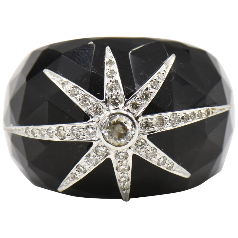 White Gold Diamond Star on Black Faceted Onyx Band Dome Cocktail Ring