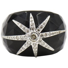 White Gold Diamond Star on Black Faceted Onyx Band Dome Cocktail Ring