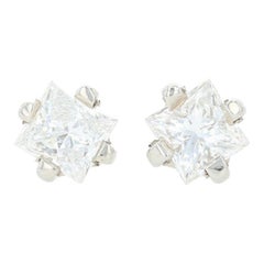 White Gold Diamond Stud Earrings, 14 Karat Princess Cut .60 Carat Pierced